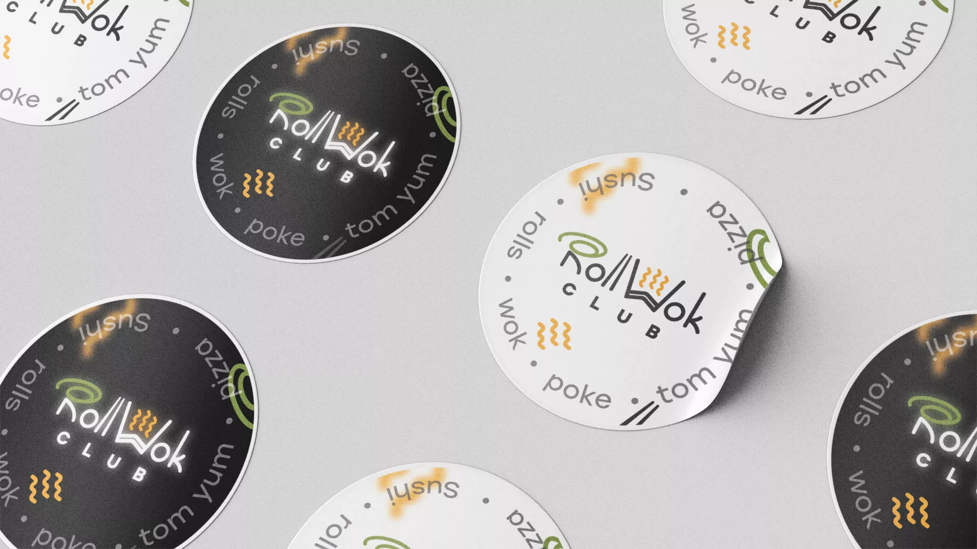 Разработка дизайна наклеек для суши-бара «Roll Wok Club» в Озерах Разработка наклеек для суши-бара «Roll Wok Club» в Озерах